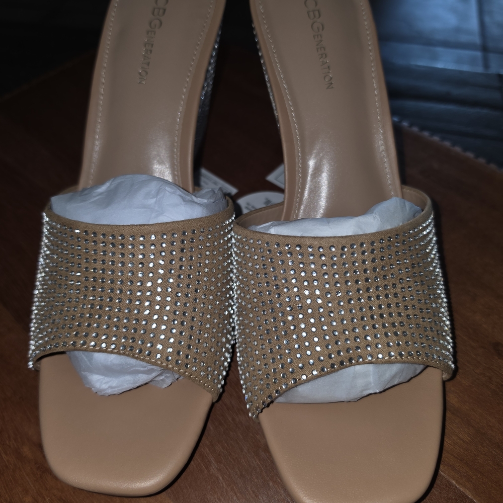 BCBGeneration Tan Rhinestone Slide Wedges - Picture 6 of 6